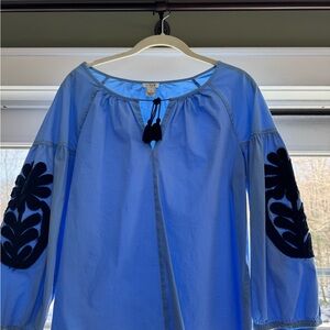 J. Crew Sky Blue Blouse with Dark Embroidery